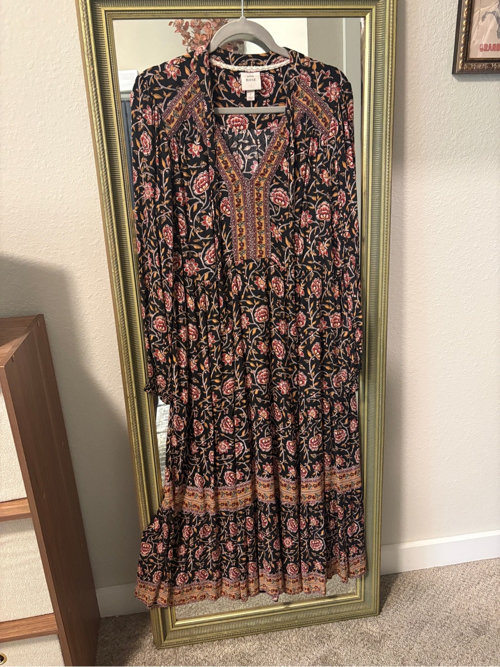 Knox Rose Black Floral Boho Maxi Dress with Pink and Gold Accents